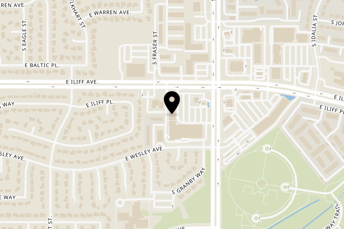 Map showing the location of Pizza 72 on 15220 E Iliff Ave in Aurora